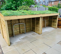 Sedum roof bike and cycle shelters, with sheffield stand installed by the customer. UK made, wooden bike / bicycle storage.  Alternative to plastic or metal bike or scooter sheds.