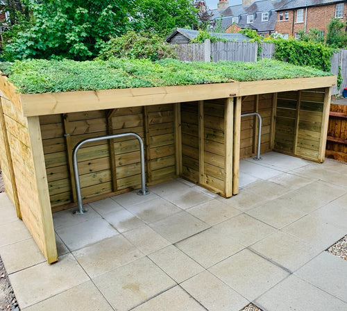 Sedum roof bike and cycle shelters, with sheffield stand installed by the customer. UK made, wooden bike / bicycle storage.  Alternative to plastic or metal bike or scooter sheds.