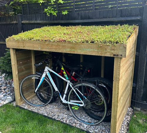 Bike store / bike shelter with sedum green roof. Wooden bicycle storage, made in the UK. Outdoor bike storage
