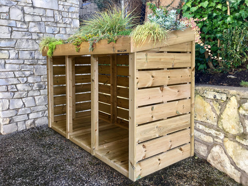 Hand made wheelie bin storage unit with living green roof planter top.  Pressure treated wood and exterior grade fixings for a long life in your garden