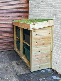 Garden store for four recycling boxes, with green roof planting area suited to sedum. Recycling bin storage. Recycling box tidy. UK wooden recycling cover