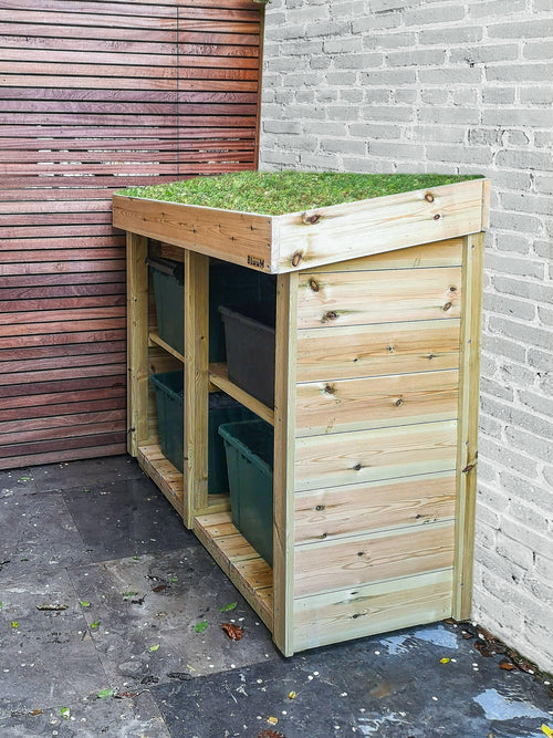 Garden store for four recycling boxes, with green roof planting area suited to sedum. Recycling bin storage. Recycling box tidy. UK wooden recycling cover