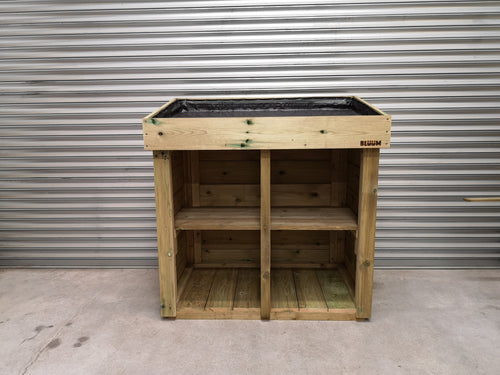 Recycling box storage unit with living growing planter / green roof. Recycling bin cover. Wooden recycling tidy.