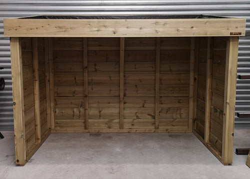 Bluum Stores cycle shed with living green roof planting area. Wooden bike storage, UK made. Outdoor bike box / store with green roof. Bicycle, scooter, bike storage