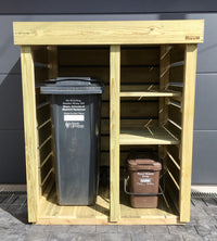 Bin tidy storage unit for your garden to hide away a wheelie bin and recycling boxes / food waste caddy. The roof can be filled with your favourite plants:  sedum, succulents, alpines, grasses, herbs etc. British made wheelie bin & recycling storage with green roof