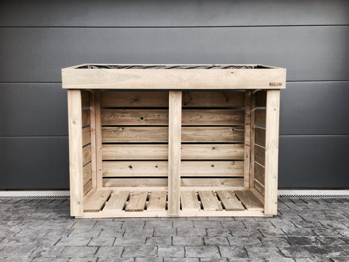 Sturdy high quality firewood log storage unit for your garden with a living green roof planter