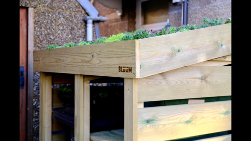 Bluum Stores wheelie bin and recycling box / food waste caddy storage unit with living green roof planter for sedum, succulents, grasses, herbs, alpine plants. Wheelie bin & recycling cover. UK bin tidy with green roof