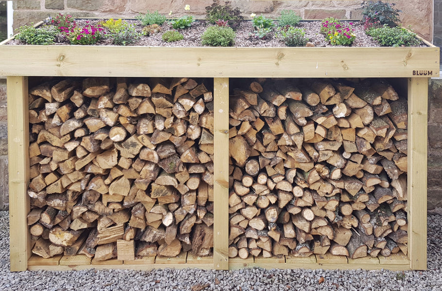Open sided log store with green roof planter to store logs and kindling 