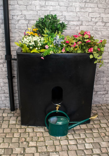 Water butt with planter top, for rainwater harvesting and increased planting space