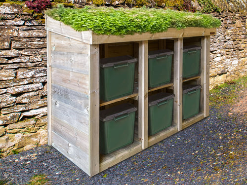 Recycling tidy store for six recycling boxes or bags. the living green roof planter is suitable for sedum or succulents, alpine plants etc. 