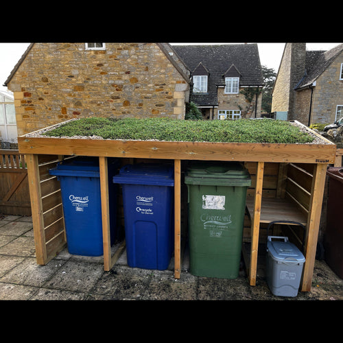 Triple Wheelie Bin & Recycling Store: 'Shorter' version with no base, and a fully clad back panel. Living green roof planter top