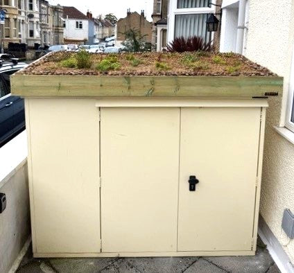 Asgard metal bike shed upgrade. Green roof for Asgard bike storage. Green roof retrofit. Bike shed enhancement. Eco-friendly bike storage. Green roof bike storage 