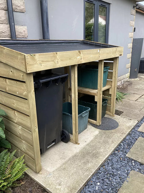 Shorter Double Wheelie Bin & Recycling store with no base. Living green roof planter. One shelf to the right hand side for 2 x recycling boxes. Hand made in the UK. 