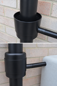 Ecosure filtered rainwater diverter kit fitted to a black downpipe, feeding a garden water butt