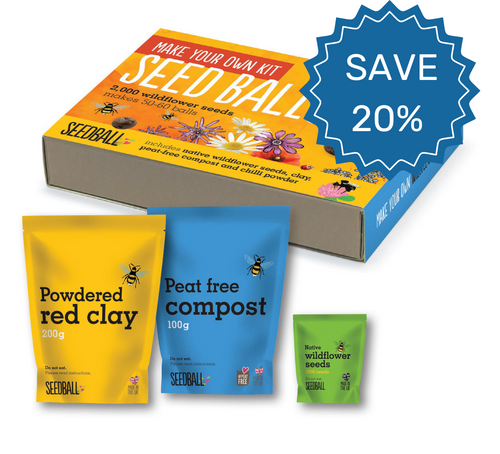 Save 20% on the make your own wildflower seedballs kit, ideal as a gift. Make your own seedballs, DIY seedball kit, kids gardening activity, educational gardening, wildflower craft kit, family gardening