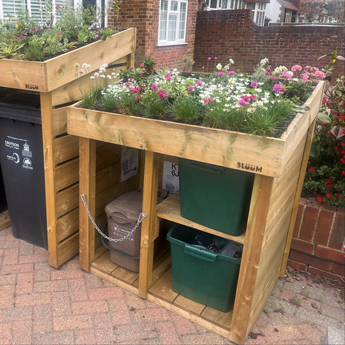 Recycling & Food Waste store with living green roof - shown next to our Triple Wheelie Bin Store