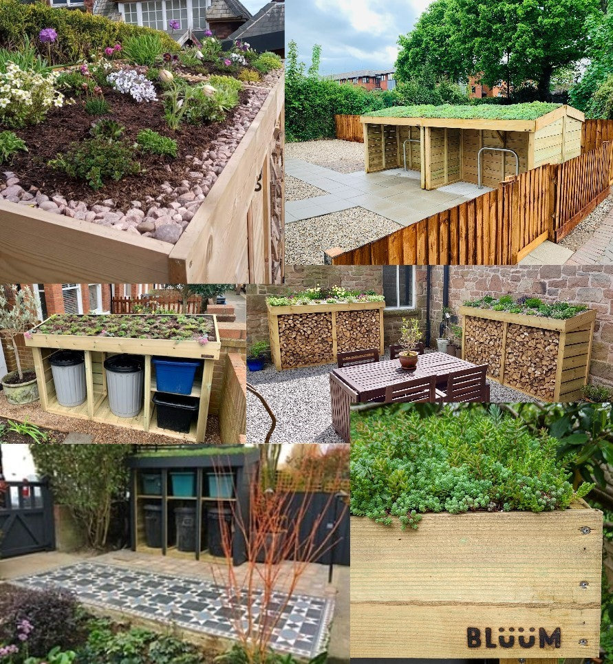 Selection of garden storage projects with living green roof for sedum, succulents and alpine plants 