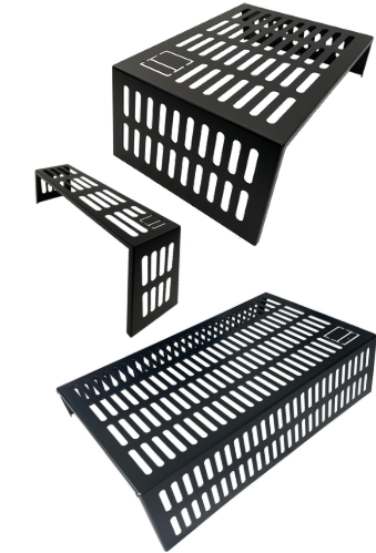 Black powder coated aluminium plant shelves in small, medium, and large sizes, designed for use in dipping tanks or water butts. Made in the UK