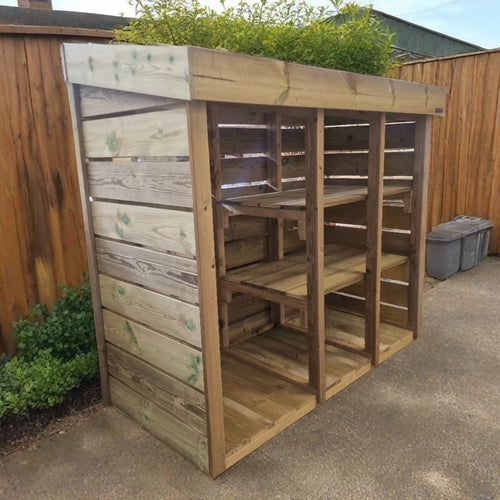 A single wheelie bin and double recycling bin box storage unit with a green roof planting area, suitable for a garden or driveway