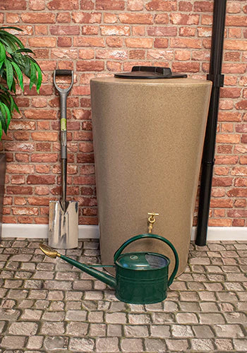 200 Litre Just Water City Water Butt in Sandstone colour. UK made rainwater harvesting. Decorative water butt for urban water storage 