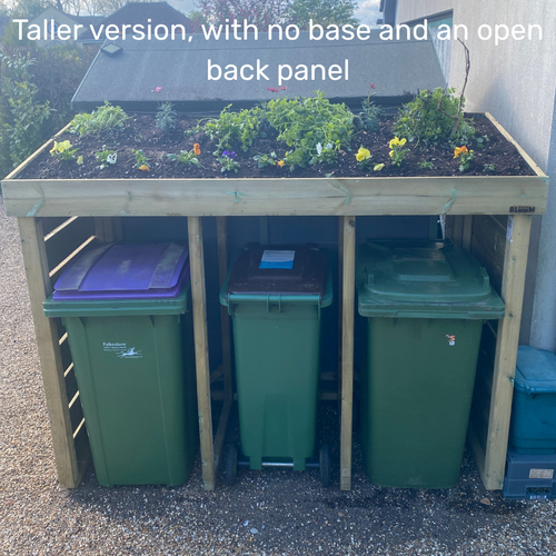 3 Wheelie Bin Storage with living green roof, taller version, open back panel