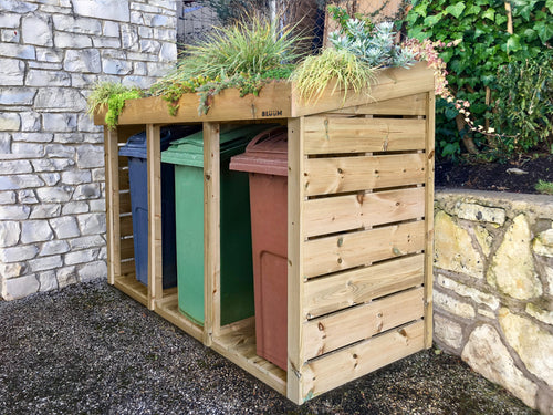 Triple wheelie bin storage with living green roof planter for front garden refuse storage with a planter top