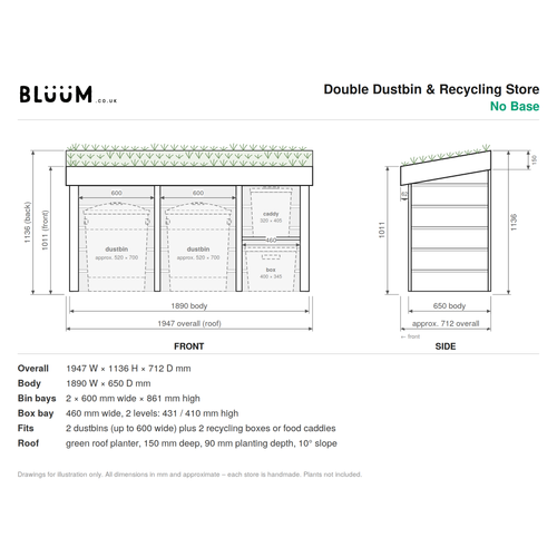 Technical drawing: Bluum Double Dustbin & Recycling Store with Green Roof Planter.  No base 