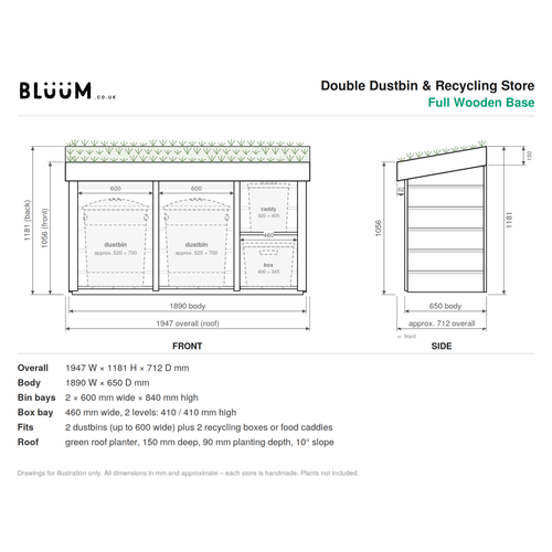 Technical drawing: Bluum Double Dustbin & Recycling Store with Green Roof Planter.  Full wooden base 