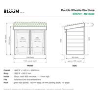 Technical dimension drawing for a double wheelie bin store, shown from front and side views with measurements, labels, and product specs text on a white background. Made by BLUUM.co.uk