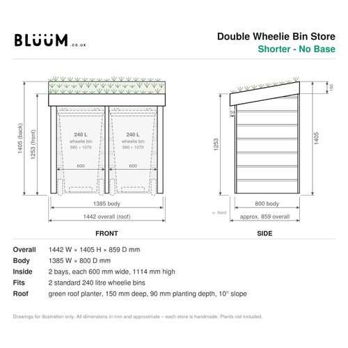 Technical dimension drawing for a double wheelie bin store, shown from front and side views with measurements, labels, and product specs text on a white background. Made by BLUUM.co.uk