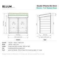 Technical dimension drawing for a double wheelie bin store, showing front and side elevations with measurements, plus a list of overall dimensions and fit details. Made by BLUUM.co.uk