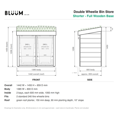 Technical dimension drawing for a double wheelie bin store, showing front and side elevations with measurements, plus a list of overall dimensions and fit details. Made by BLUUM.co.uk