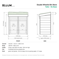 A technical dimension drawing for a double wheelie bin store with green roof planter, by BLUUM.co.uk