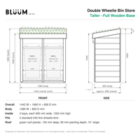 Technical product diagram showing front and side elevations of a double wheelie bin store with dimensions, plus text listing overall size, body size, inside capacity, and fit information.