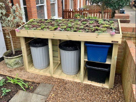 Double dustbin & recycling bin / box store with living green roof planter top. UK dustbin and recycling storage. Wooden bin tidy cover 