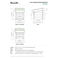 A technical dimension drawing for a BLUUM 'Low & Deep' Recycling Store One Box, showing front and side views with measurements, plus a list of overall dimensions and fit details below on a white background.