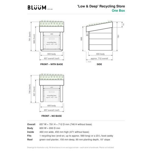 A technical dimension drawing for a BLUUM 'Low & Deep' Recycling Store One Box, showing front and side views with measurements, plus a list of overall dimensions and fit details below on a white background.