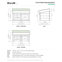 A technical dimension drawing for a two-box recycling store by BLUUM, showing front and side elevations with measurements, plus a list of overall, body, inside, and roof dimensions at the bottom.