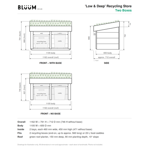 A technical dimension drawing for a two-box recycling store by BLUUM, showing front and side elevations with measurements, plus a list of overall, body, inside, and roof dimensions at the bottom.