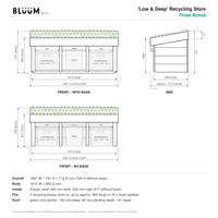 Technical dimension drawing for the BLUUM 'Low & Deep' Recycling Store, showing the three box configuration with front, side, and front-no-base views, plus a list of overall dimensions and specifications below.
