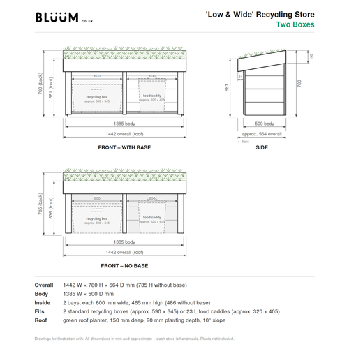 Technical details for the Two Box Low & Wide Recycling Box Store