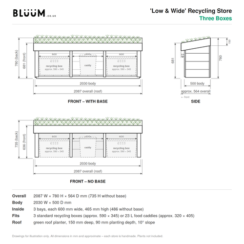 Technical details for the Three Box Low & Wide Recycling Box Store