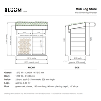 Technical dimension drawing for a 'Midi Log Store' with green roof planter, showing front and side line diagrams with measurements and a list of dimensions and capacities below on a white background.