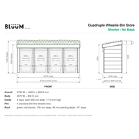 Technical product drawing for a Bluum Quadruple Wheelie Bin Store, showing front and side elevations with dimensions, plus a list of overall, body, inside, and fit measurements on a white background.