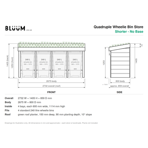 Technical product drawing for a Bluum Quadruple Wheelie Bin Store, showing front and side elevations with dimensions, plus a list of overall, body, inside, and fit measurements on a white background.