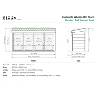 A technical product diagram for a BLUUM Quadruple Wheelie Bin Store, showing front and side dimension drawings with measurements