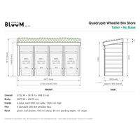 Technical dimension drawing for a BLUUM Quadruple Wheelie Bin Store, showing front and side elevations with measurements, plus product specs text below on a white background.