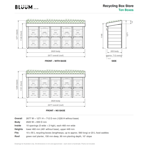 Ten Recycling Box Store with Green Roof Planter: dimensions 