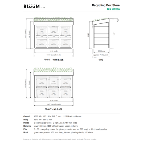Six Recycling Box Store with Green Roof Planter: dimensions 