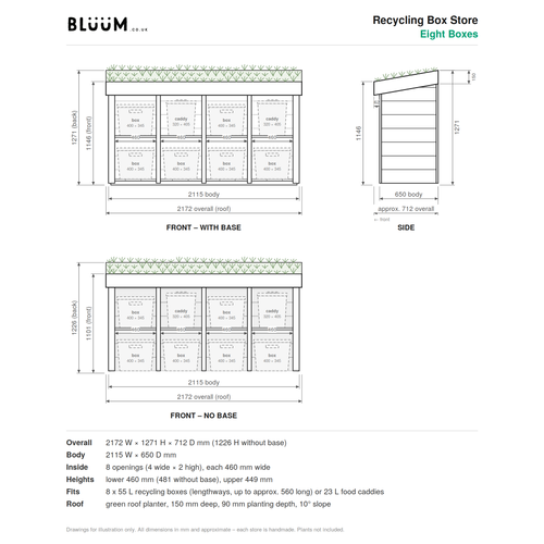 Eight Recycling Box Store with Green Roof Planter: dimensions 